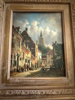 Gorgeous Vintage Framed Oil Painting – Dutch Street Scene by J. Gaston