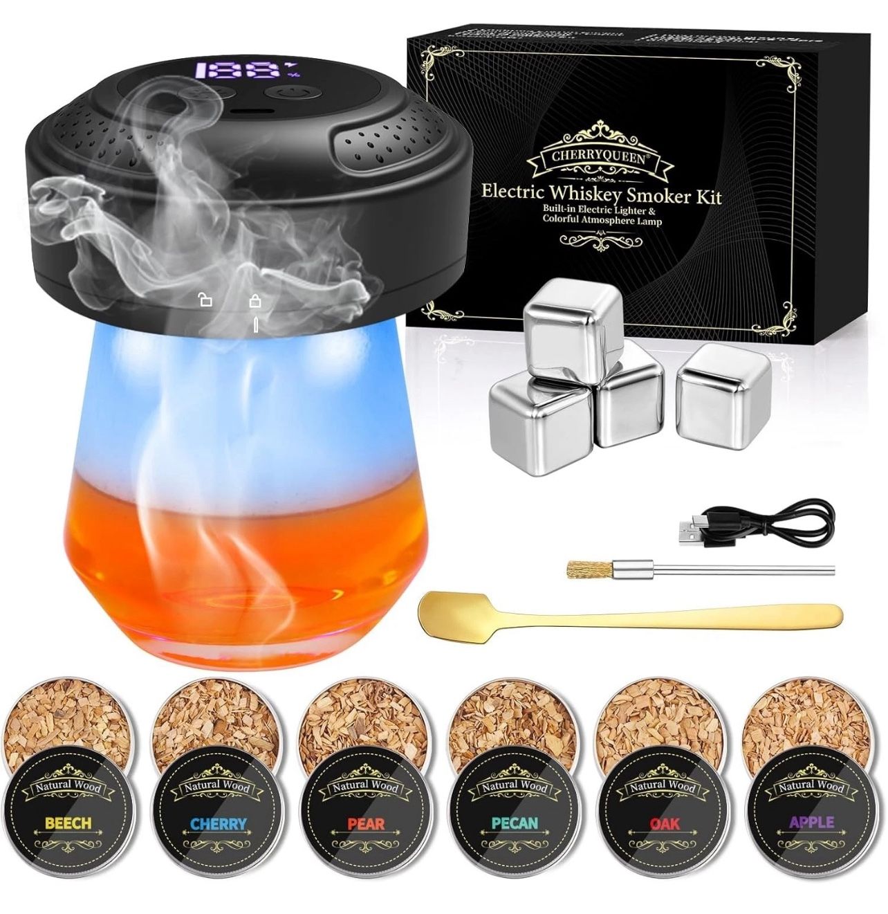 Electric Whiskey Smoker Kit, CHERRYQUEEN Old Fashioned Smoker Kit, Built-in Lighter & Ambient Light, 4 Reusable Ice Cubes 6 Wood Chips, Gifts for Men