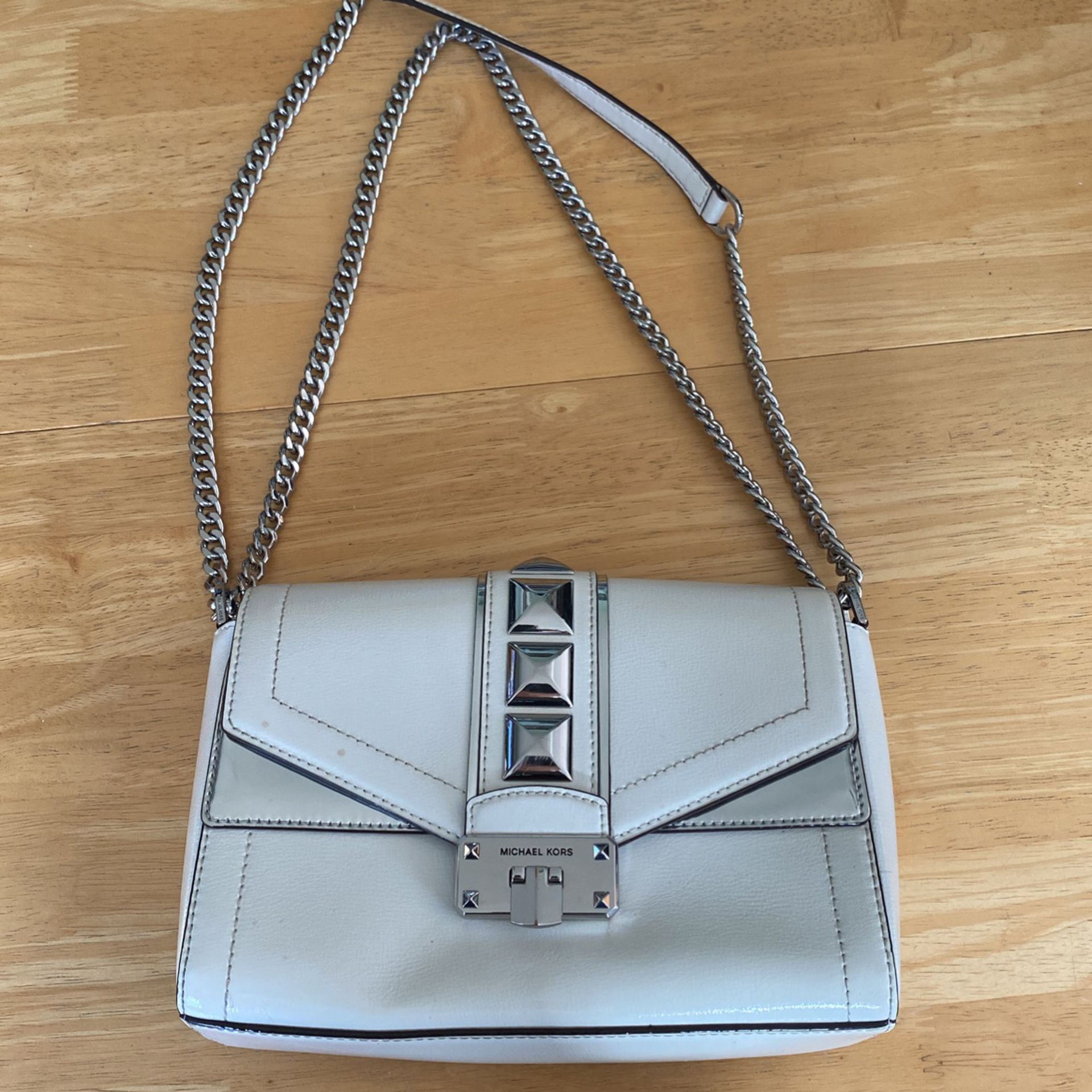 Michael Kors Kinsley optic white silver studded leather purse