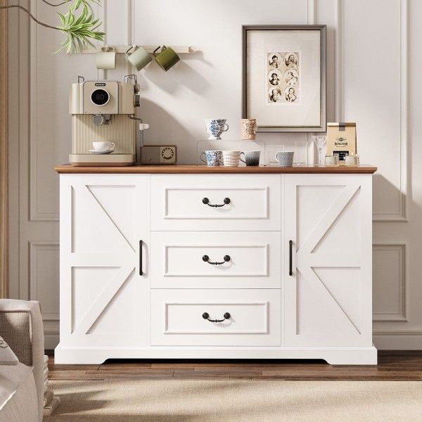 Farmhouse 54" Buffet Cabinet With Storage, White Sideboard Buffet Cabinet With 3 Drawer And Adjustab