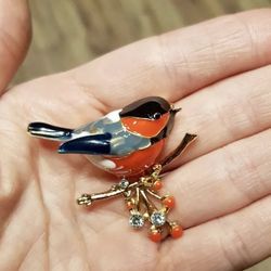 Bullfinch Bird Brooch 2”x1.75” Rhinestones And Alloy 