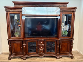 Large Ornate Cherry Wood Entertainment Center Wall Unit • 112” Wide x 91” High • Fits up to 70” TV •