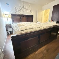 California King Ornate Solid Wood Bed Frame with cut outs and touch light– Modern & Heavy Duty