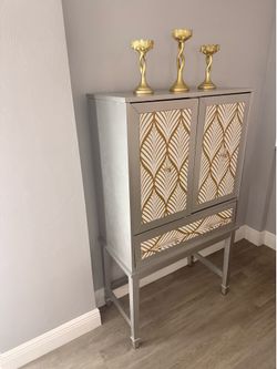 Designer & Handmade by Owner- One of a Kind Bar Cabinet – Silver & Gold Leaf Statement Piece