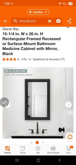Mirrors
Glacier Bay
15-1/4 in. W x 26 in. H Rectangular Framed Recessed or Surface-Mount Bathroom Medicine Cabinet with Mirror, Black