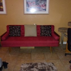 Red Cushioned Real Wood Trimmed Couch 