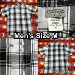 Caltop Shirt Men's Medium Black White Plaid Vintage Short Sleeve Button Up