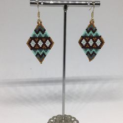 Beaded Southwest Earrings Diamond Pattern With Gold Ear Wire Fashion