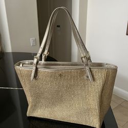 Tory Burch Gold Straw Leather Trim Double Handle Large Tote Bag