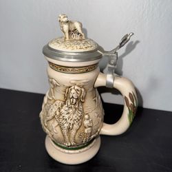 Ceramic Beer Stein with Dog Relief and Pewter Lid