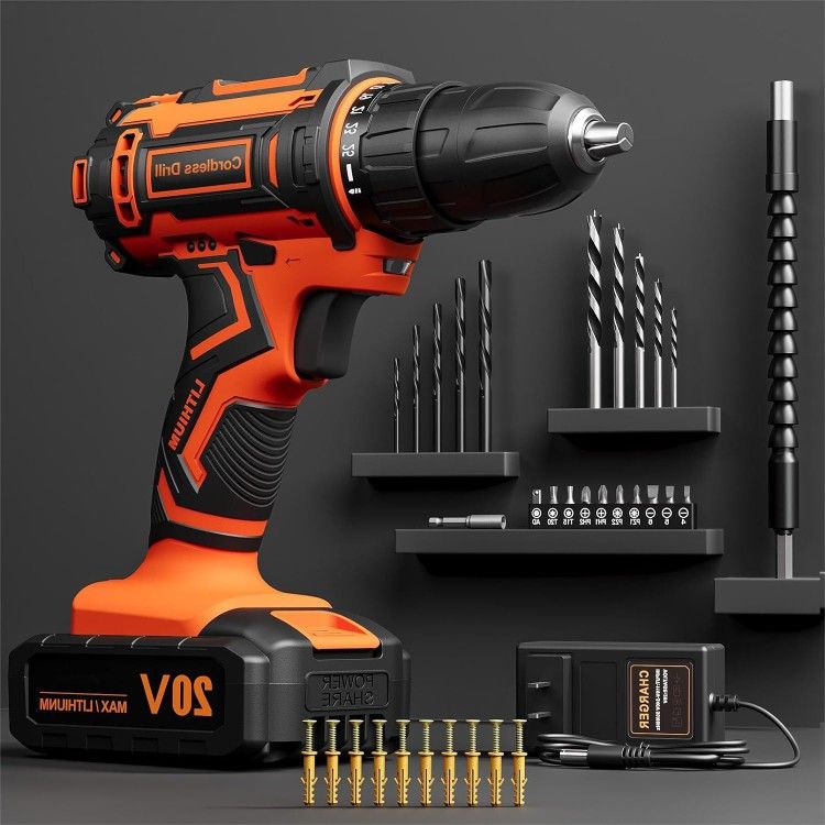 20V Cordless Drill, 42Pcs Accessories Drill Bits, Electric Power Drill Set with Battery 2.0Ah, 25+1 Position, 2 Variable Speed, 3/8 Inch Keyless Chuck