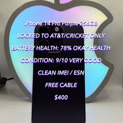 iPhone 14 Pro Purple 256GB LOCKED FOR AT&T/CRICKET Used Authentic
