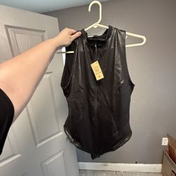 Popilush Mock Leather Sleeveless Bodysuit 