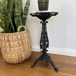  Antique Art Nouveau Period French Bistro Cafe Garden Table Marble Top Plant Stand Vintage Heavy Cast Iron Ornate French Pedestal Collectible 