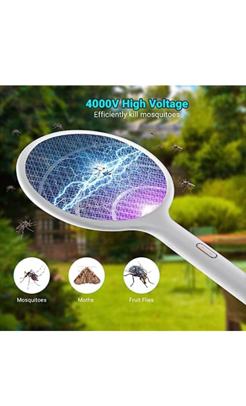Electric Fly Swatter 3000V Bug Zapper Racket 2 in 1 Fly Swatter with 1200mAh Battery Rechargeable Mosquito Killer Lamp with 3 Layers Safety Mesh for I