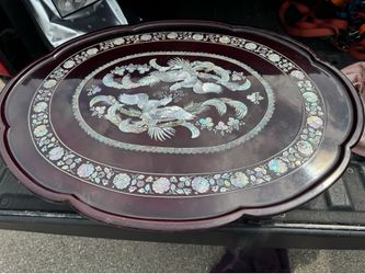Korean lacquer hardwood inlaid mother of pearl oval folding tea table Vtg