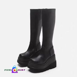 Winter Women Boots Mid-calf Wedge High Heel Platform Lace Up Zip Ladies Pumps Female Punk Gothic Motorcycle Black Round Toe Shoe

