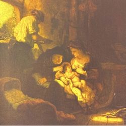 HOLY FAMILY, 1640, REMBRANDT Original Vintage Fine Art 1950’s Antique Print USA Printed Dutch Painter Collectible