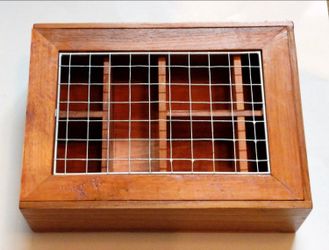 RARE THE BODY SHOP WOOD CABINET w/ SLIDING WIRE DOOR
