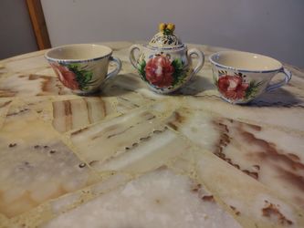 Old Italian Cups and Sugar Bowl with Lid