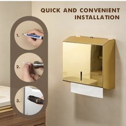 Wall-mounted stainless steel paper towel dispenser with lock, polished mirror finish, compatible with C-fold, triple-fold, and multi-fold hand towels.