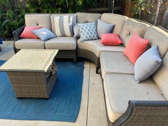 outdoor couch, table and pillows