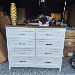 BEAUTIFUL 8 DRAWERS DRESSER BRAND NEW FARMHOUSE STYLE WHITE COLOR & WOOD TOP 50X17X37 ROLLING DRAWER