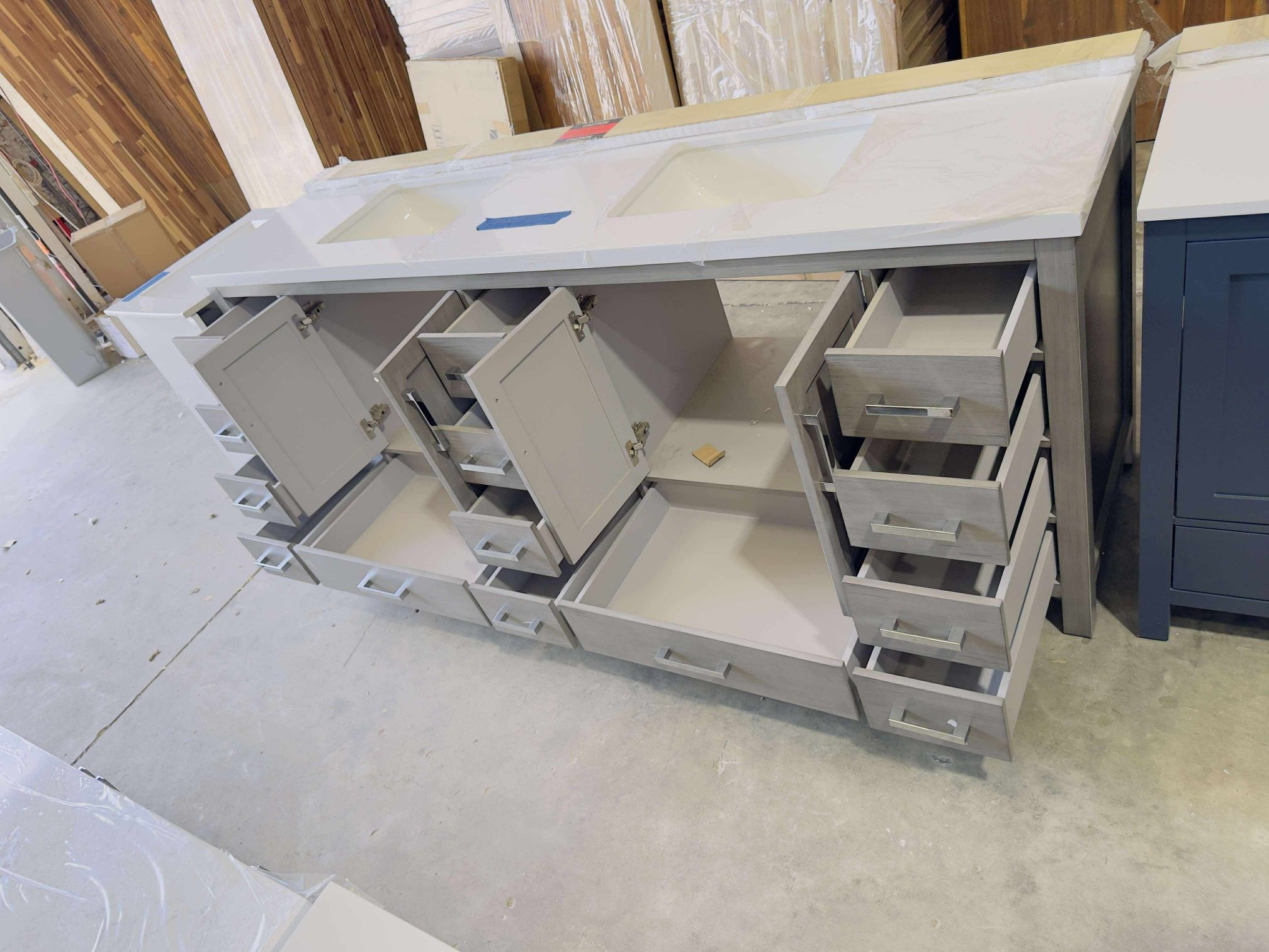 84” Beautiful Bathroom Vanity in Gray, double sink, soft close solid wood. $1299 Bathroom