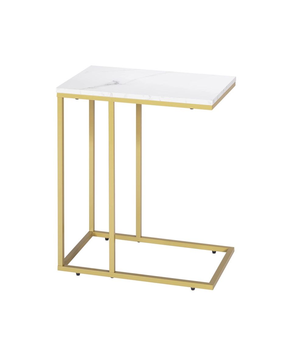 PrimeZone C Shaped Side Table - Faux Marble Narrow End Table for Sofa Couch & Living Room