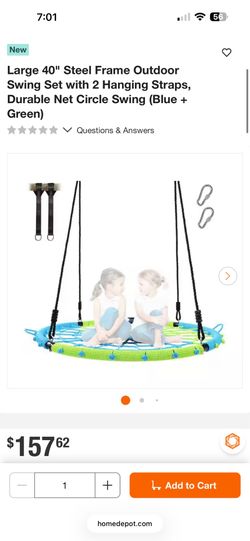 Large 40" Steel Frame Outdoor Swing Set with 2 Hanging Straps, Durable Net Circle Swing (Blue + Green)