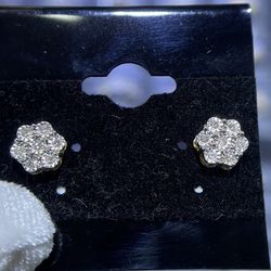 10k Yellow Gold Diamond Flowers Shape Studs Screwback Earrings 