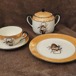 Vintage Noritake China Lusterware Set - Hand Painted Asiatic Pheasants, Cherry Blossoms - Nice