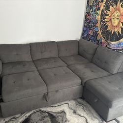 Gray Convertible Futon Sleeper L-shaped Sectional with storage