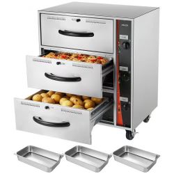 645*Commercial Electric Drawer Warmer, Three-Drawer Stainless Steel Food Warmer, Freestanding Standard Warming Drawer Cabinet, 85°F–185°F Wide Tempera