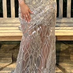 Prom dress silver mermaid gown with beads and sequins