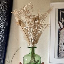 Anthropologie Green Glass Bud Vase And Some Dried Flowers 