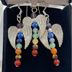 New, Price Firm, Chakra Feather Pendant and Earring with Genuine Gemstones