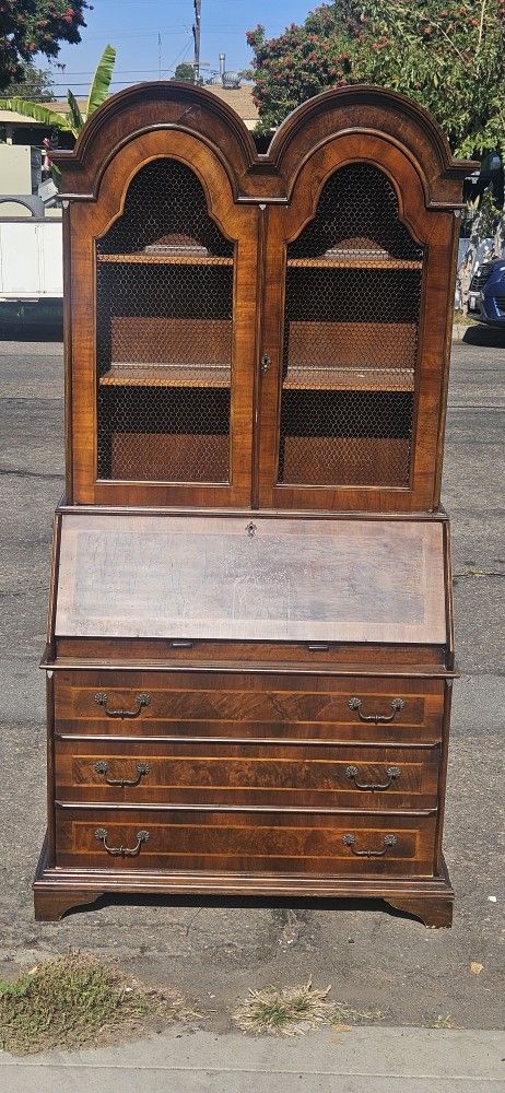 Double Bonnet Dome Top Burl Wood 3 Drawer Drop Front Secretary Desk 1900s