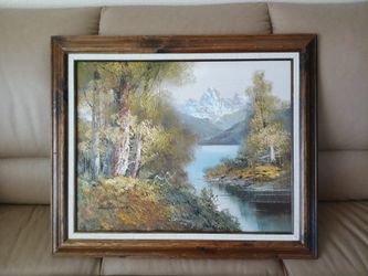 Beautiful Oil Painting Landscape Mountain Trees Nature Lake 24" x 21"