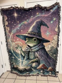 Enchanting Wizard Frog Woven Tapestry Throw Blanket - Cottagecore Vibes