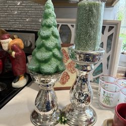 Gorgeous Mercury Glass Pillar Candle Pedestals Holders   11” & 8”   Inside rim on pillars measure 3.5” diameter for 3” candles   Candles not included