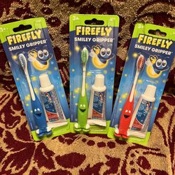 3 Firefly Smiley Gripper Toothbrush & Toothpaste Sets *NEW*
