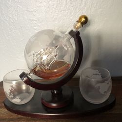 Decorative Globe Whiskey  Decanter Set With Two Glasses, In Decorative Wooden Holder