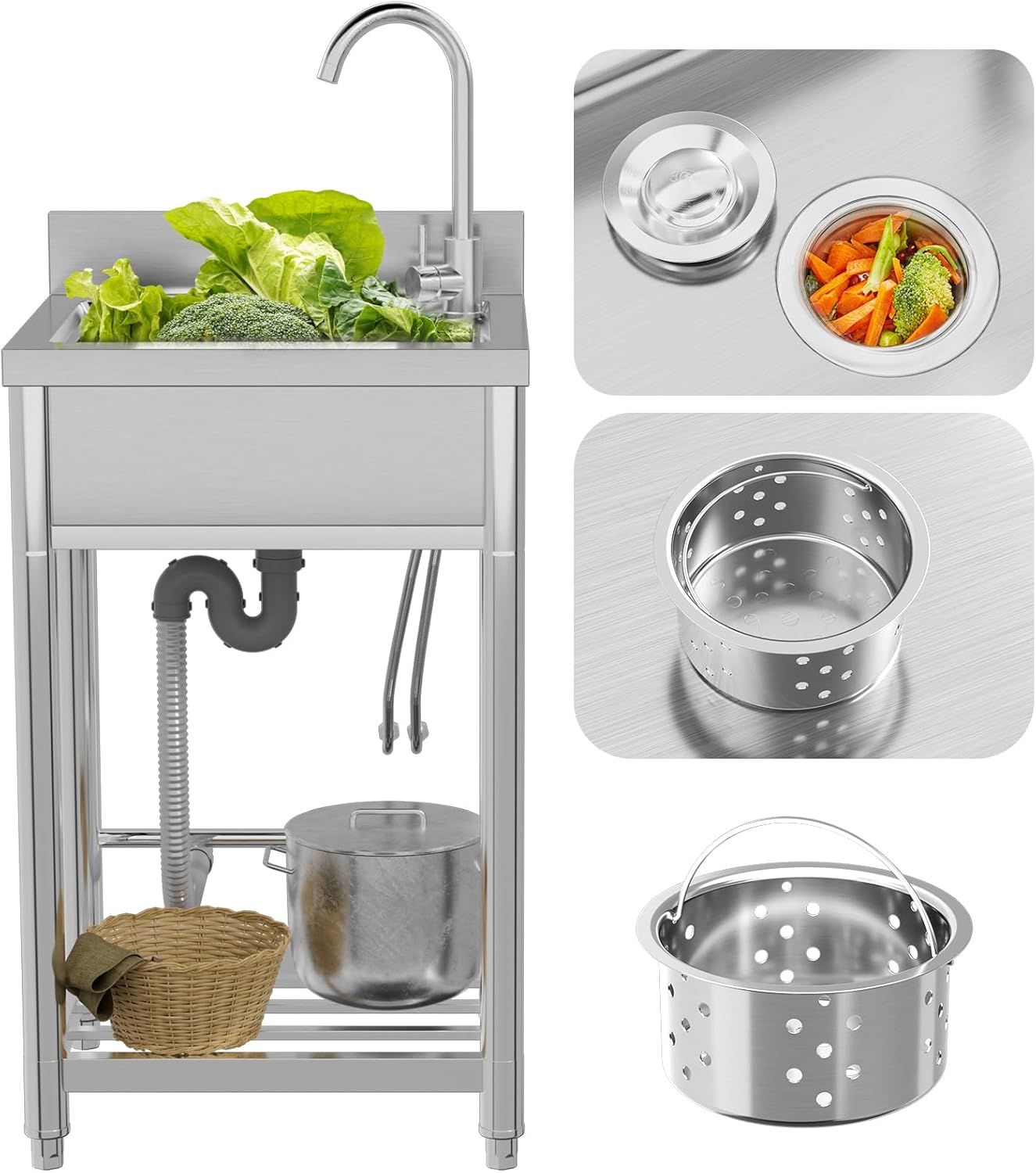 stainless steel Single Bowl Kitchen Sinks with 360°Swivel Faucet utility sink for Laundry Room and Outdoor Sink (22 inch)