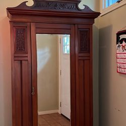 Antique Armoire, Solid Wood (Pecan?), Full-length Mirror