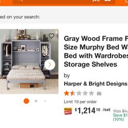 Antique Gray Wood Frame Queen Size Murphy Bed with Top Storage Shelves, 3 Drawers, Wardrove