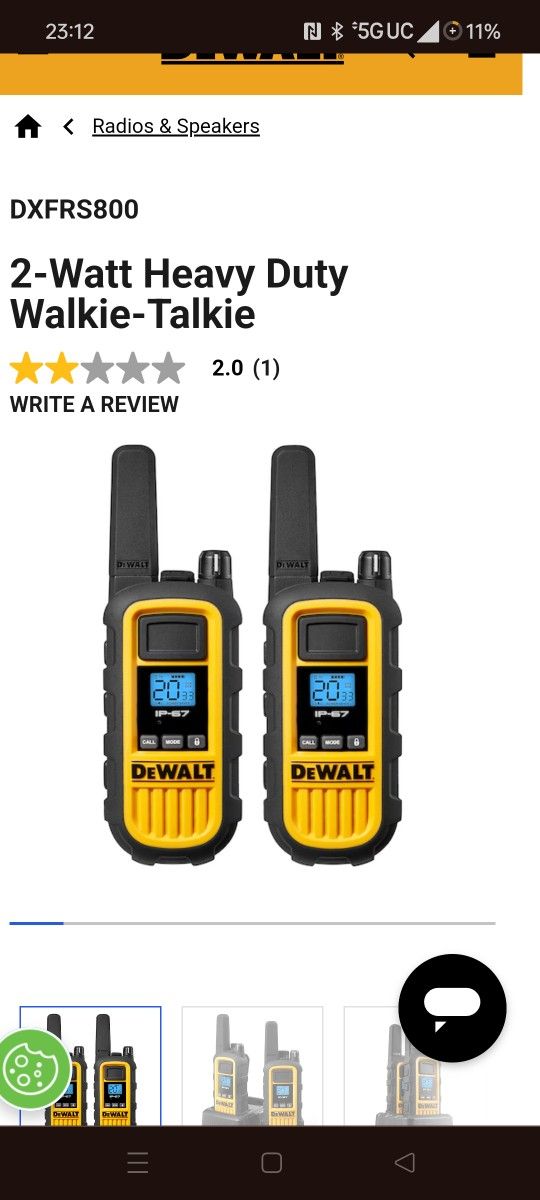 DeWalt 2watt Heavy Duty 2 Way Radio Walkie Talkie