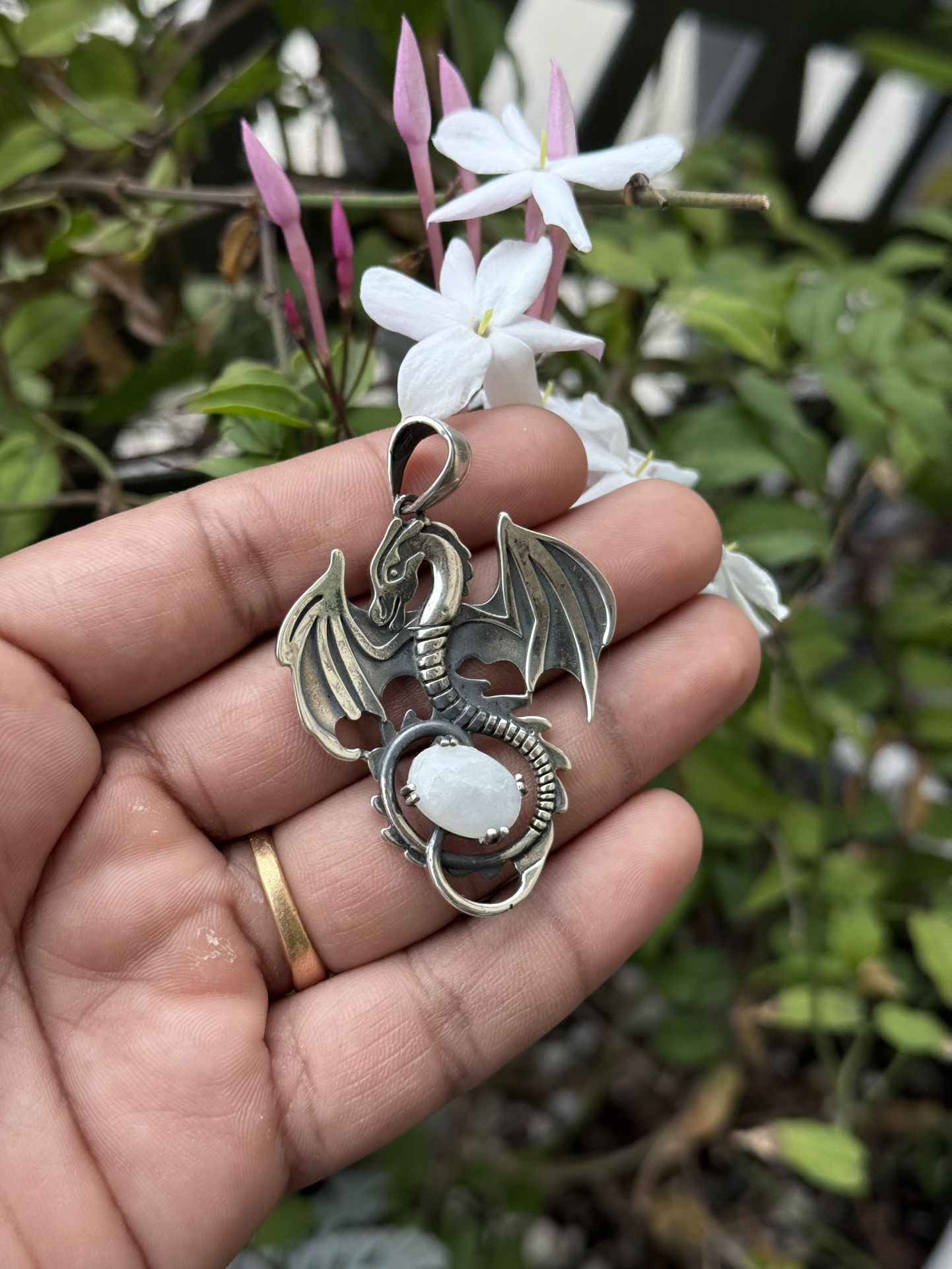 925 Sterling Silver Moonstone Dragon Pendant