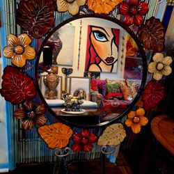 Vintage Boho-Chic Floral Wall Mirror Featuring Metal Frame Three Dimentional Flowers 35.5"