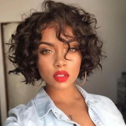 Glueless Brown Curly Bob Wigs With Bangs Lace Front Human Hair Wigs
